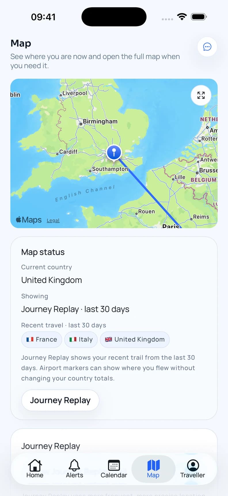 Roam Rule Journey Replay showing recent travel between the United Kingdom and France on a map.