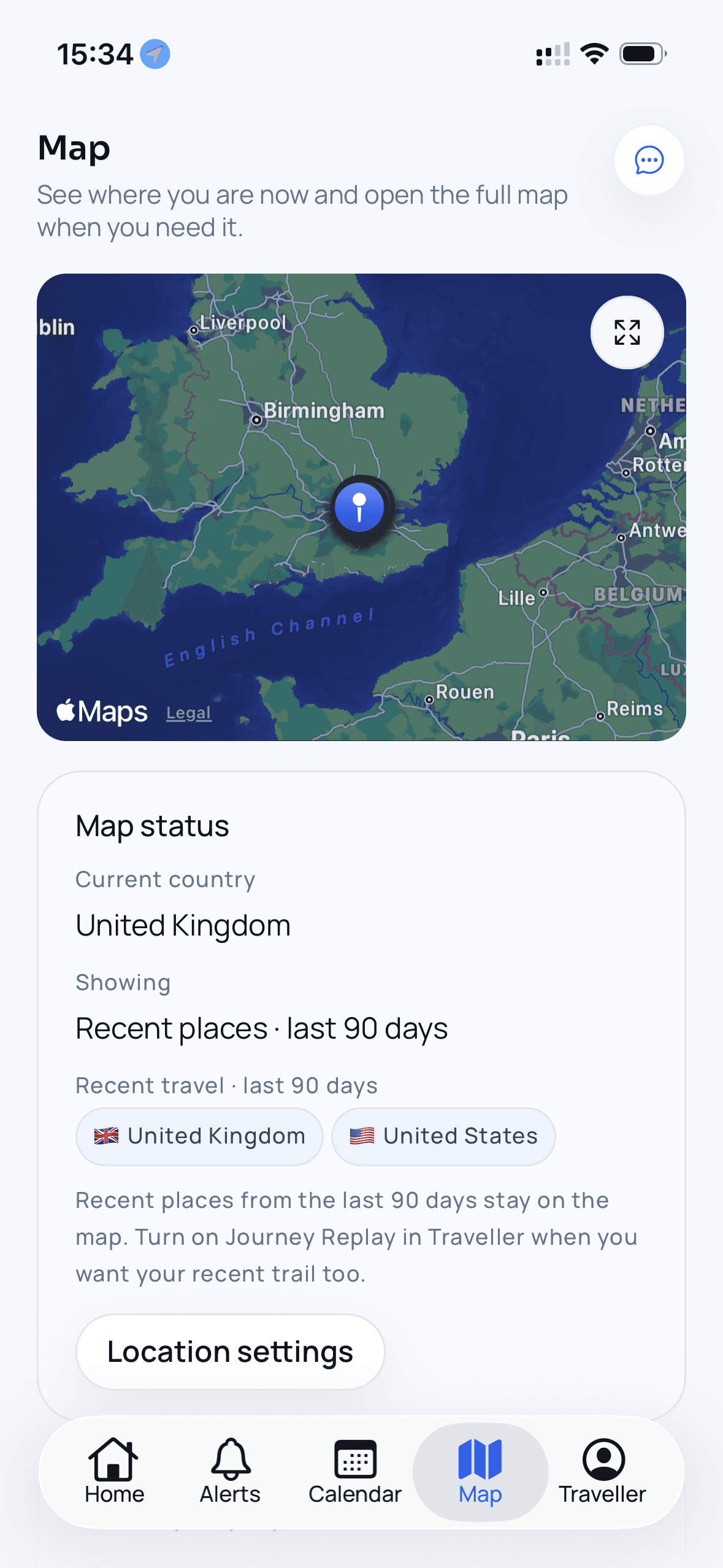 Roam Rule map screen showing current country and recent travel.