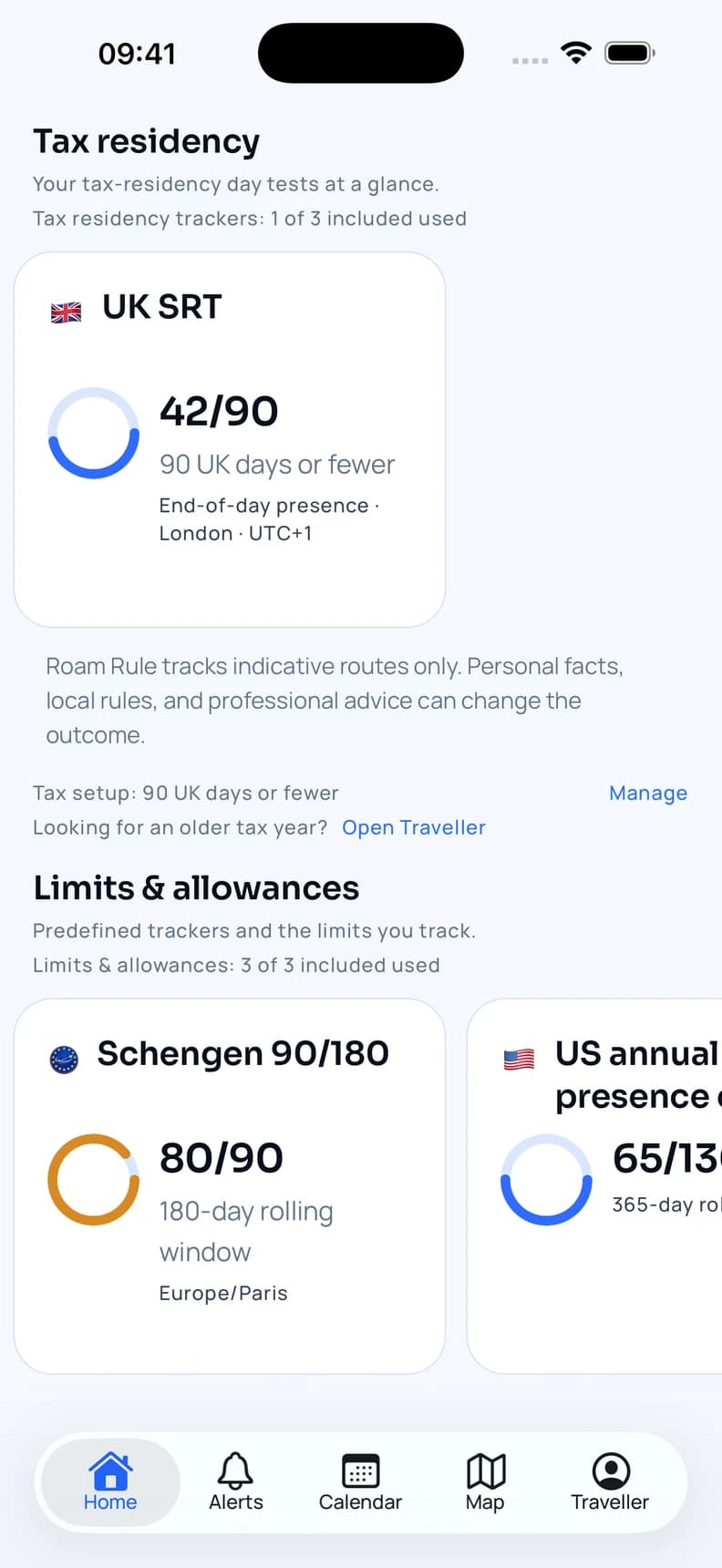 Roam Rule showing tax residency day counts and Schengen travel allowance.