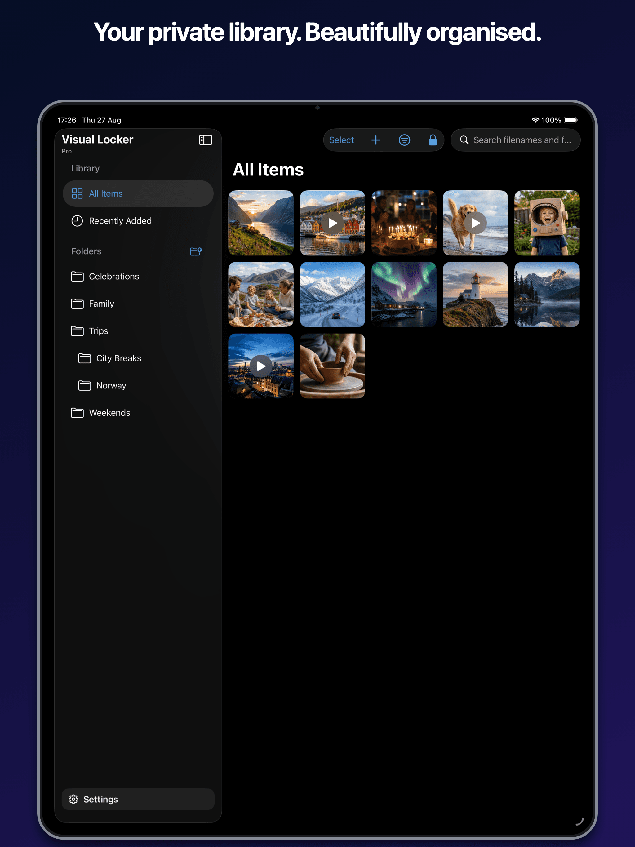 Visual Locker on iPad showing the private library alongside its folder sidebar.