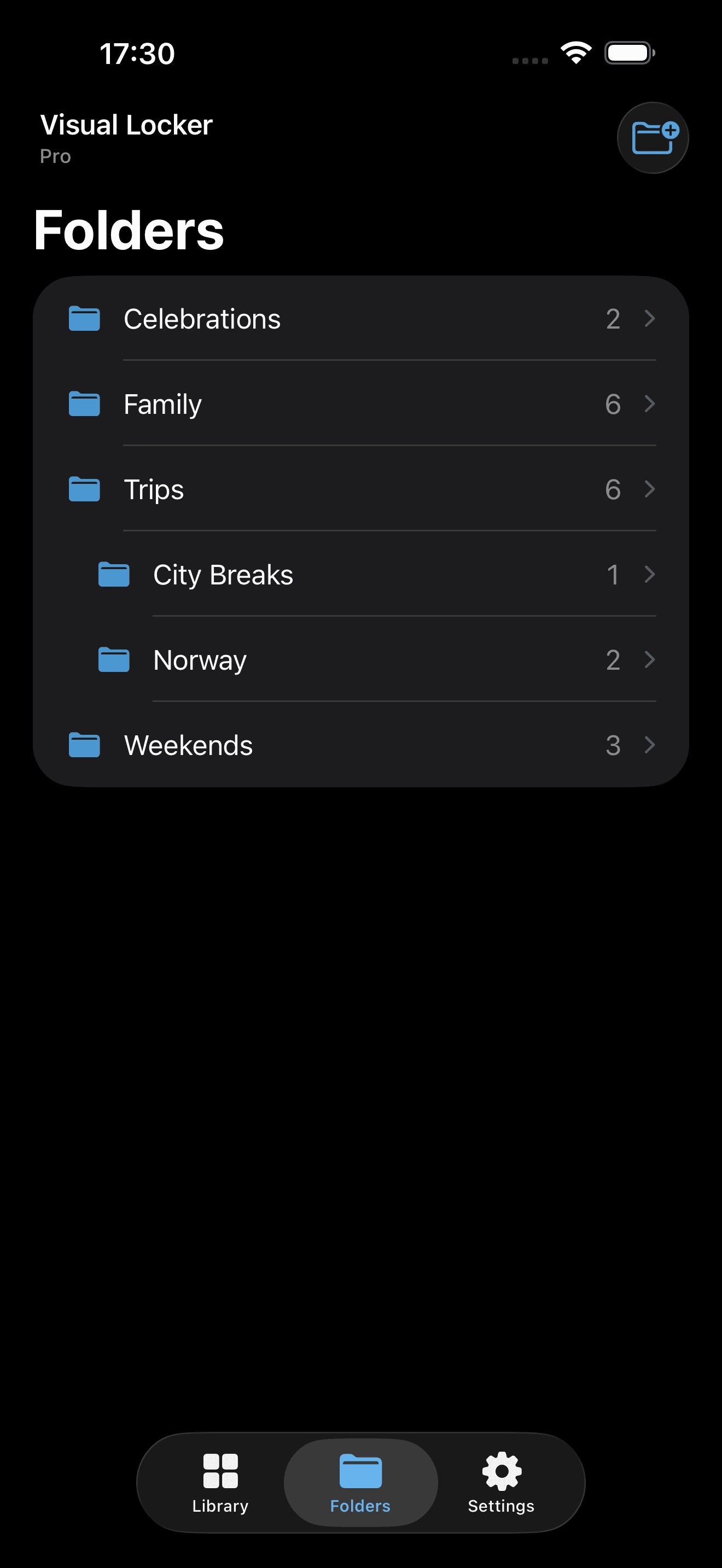 Visual Locker on iPhone showing folders for organizing a private library.