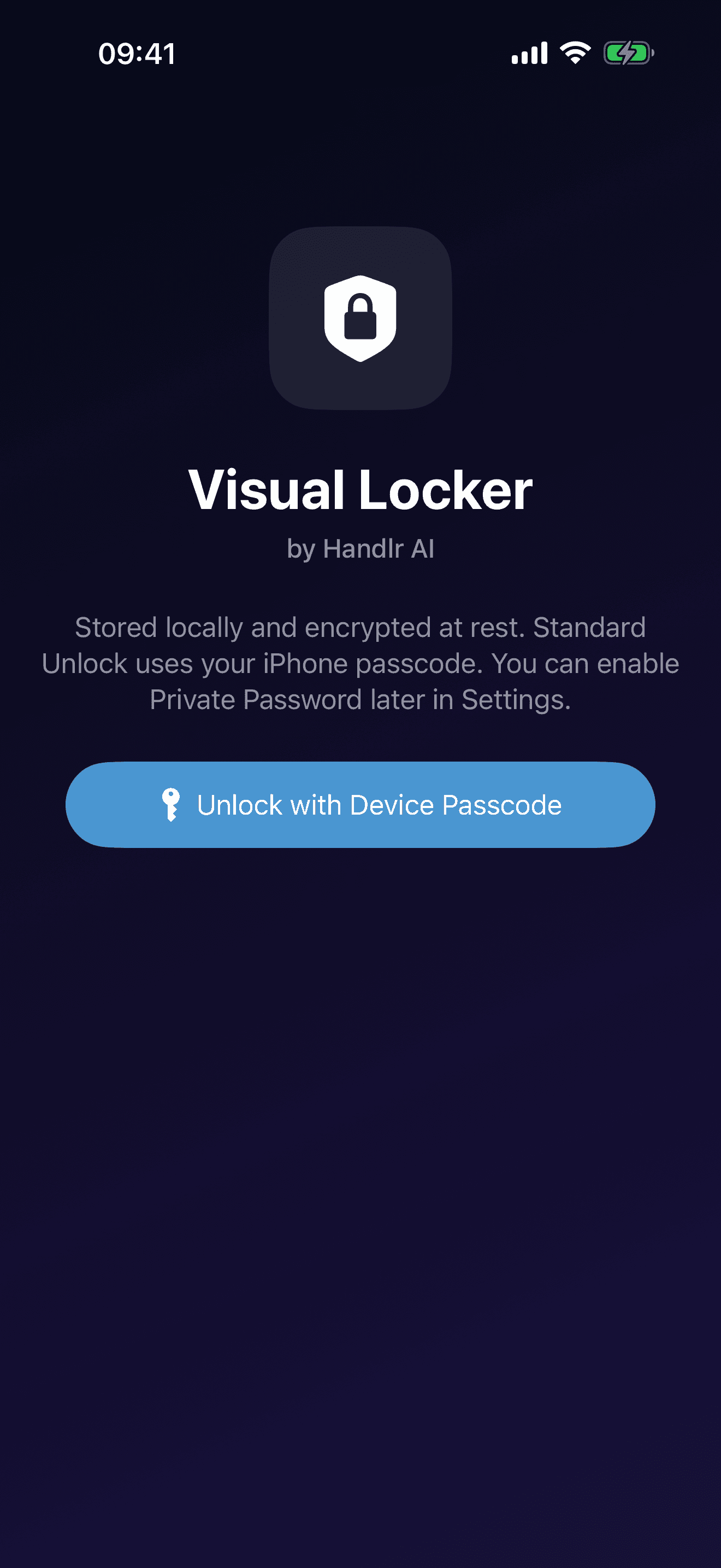 Visual Locker on iPhone showing a locked local vault and the device-passcode unlock button.