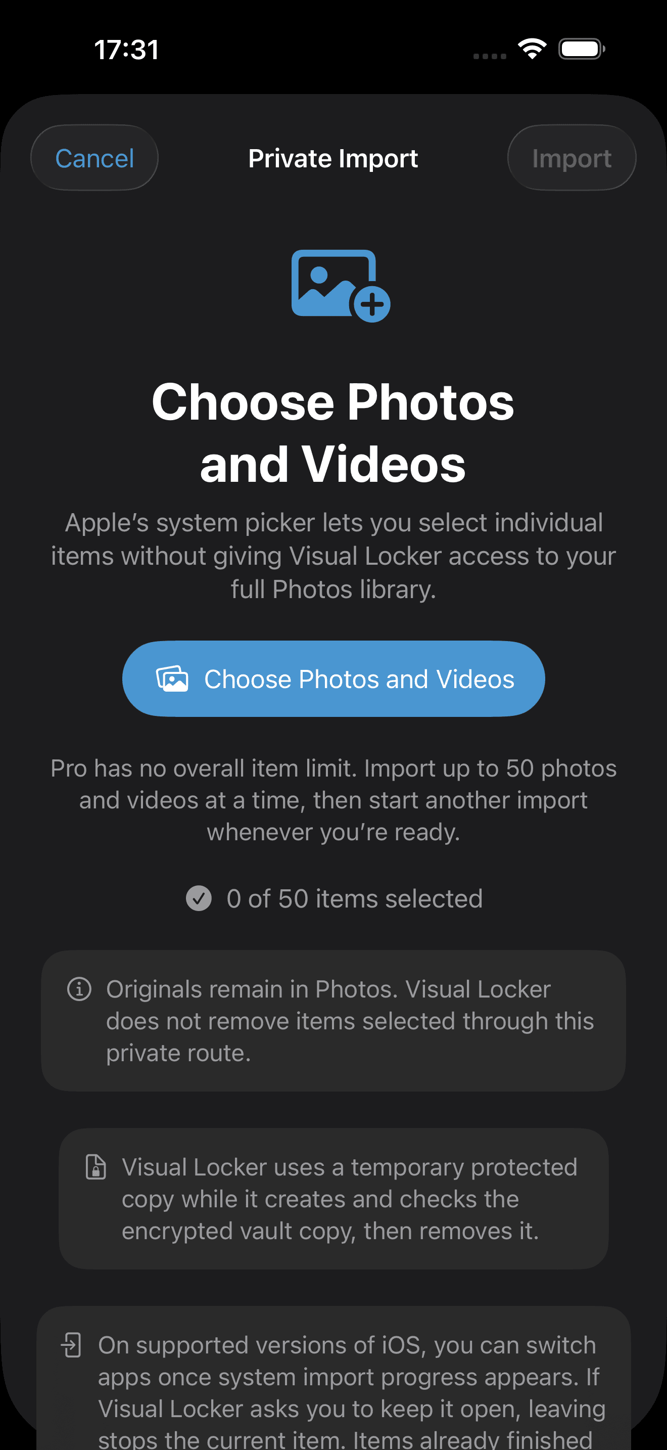Visual Locker on iPhone showing Apple’s private picker for selecting photos and videos.