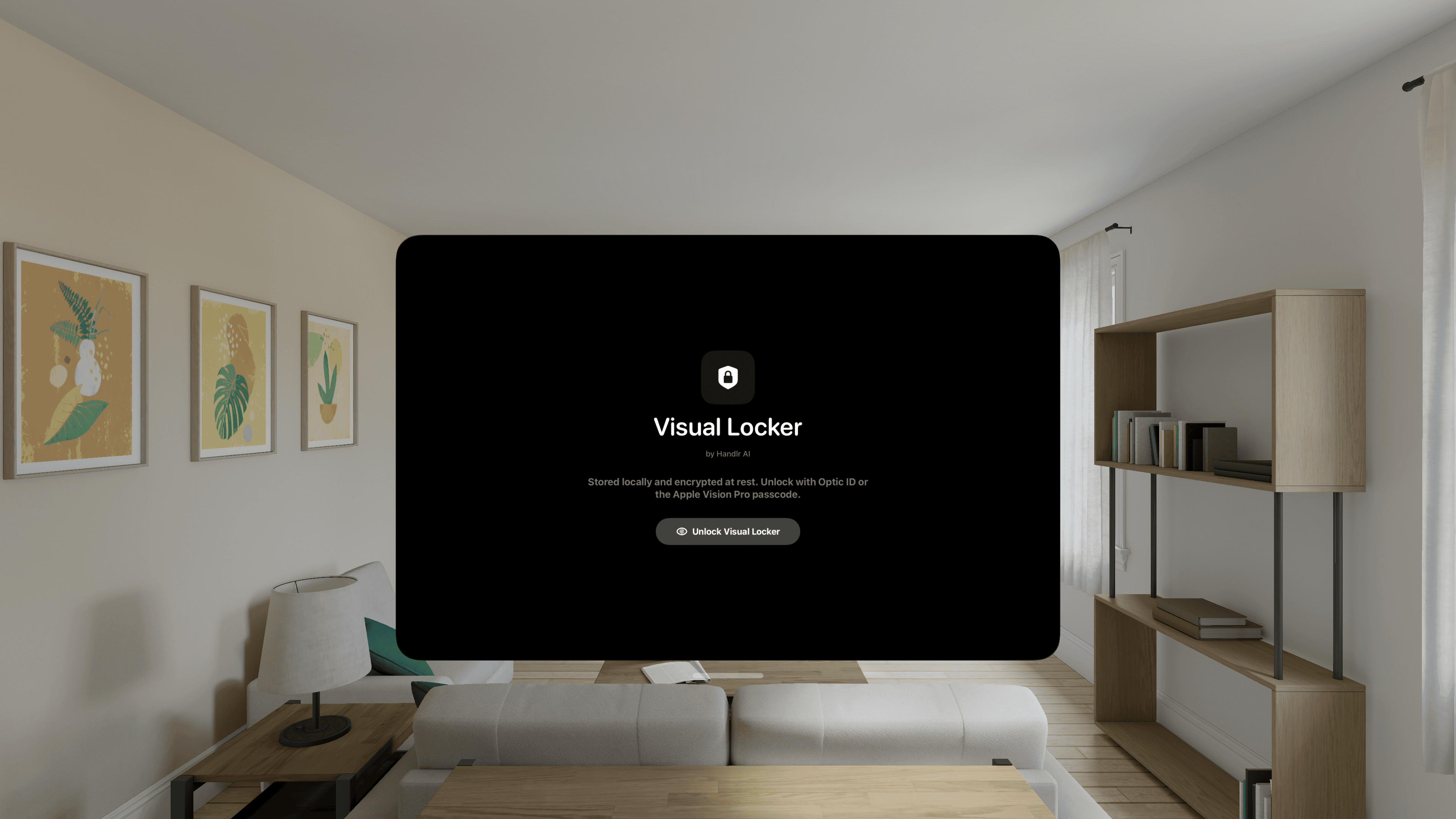 Visual Locker locked-vault screen ready to unlock with Optic ID or an Apple Vision Pro passcode.