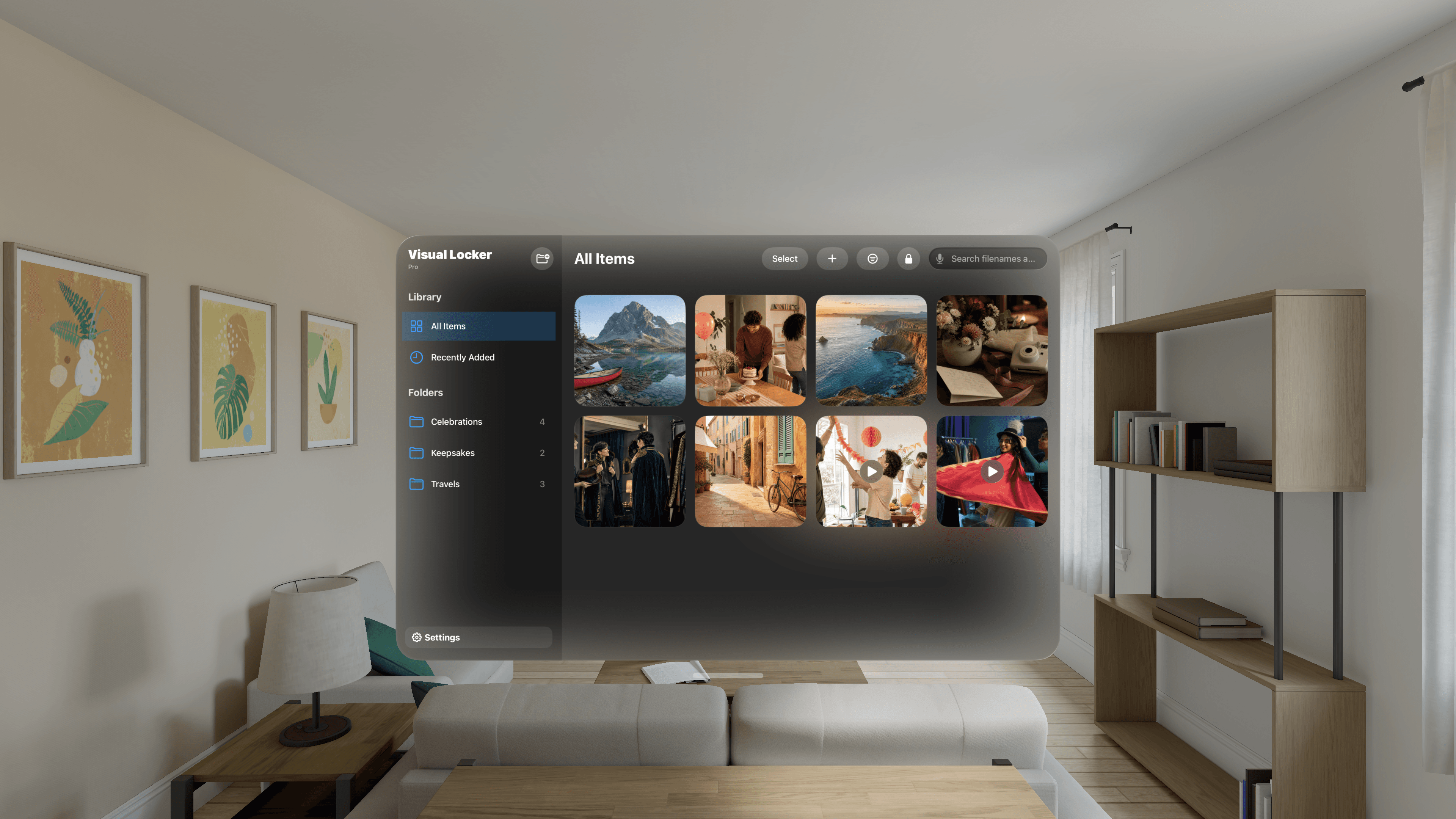 Visual Locker on Apple Vision Pro showing a collection of fictional private photos and videos.