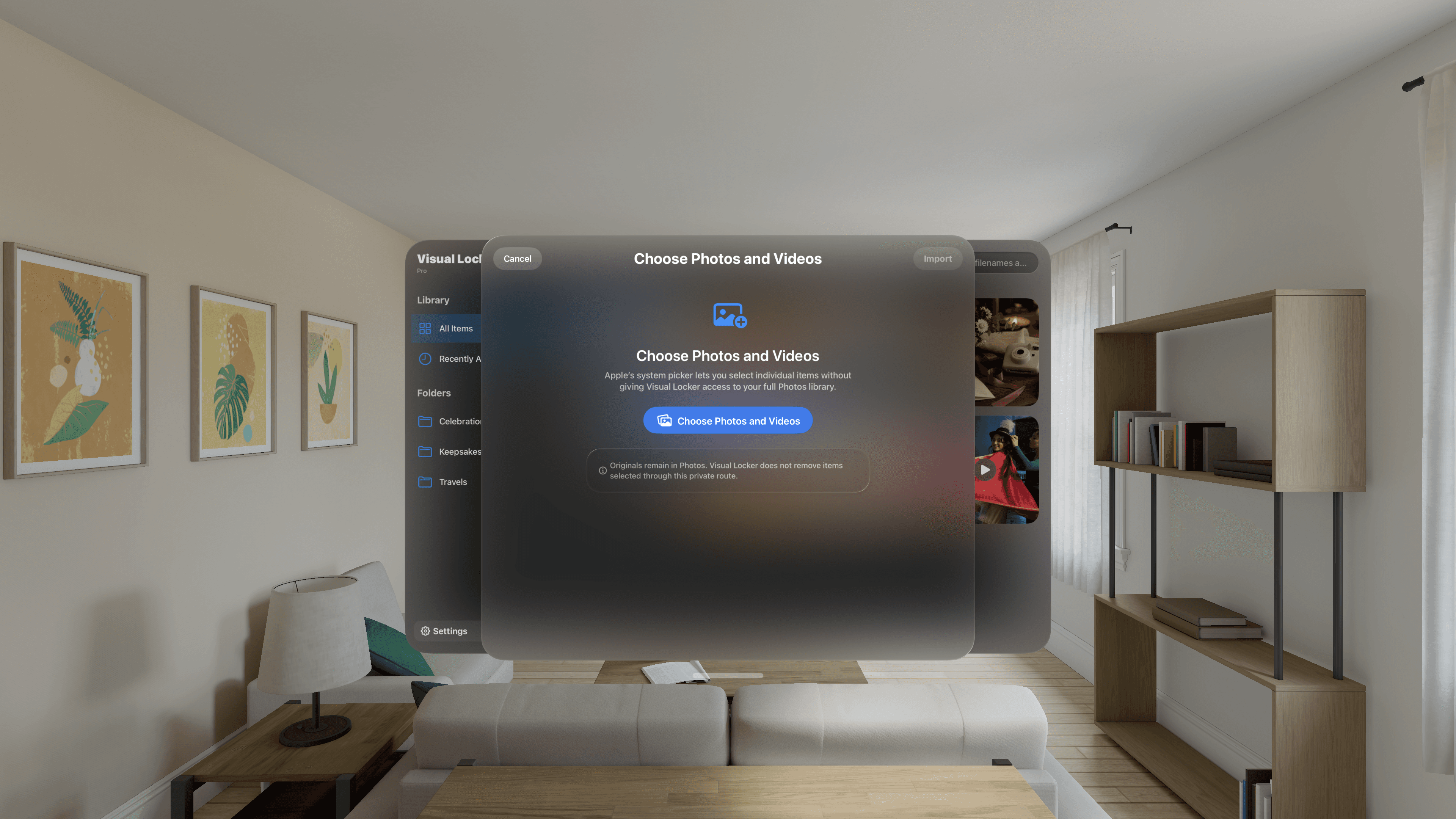 Visual Locker on Apple Vision Pro showing the private system picker route for choosing photos and videos.