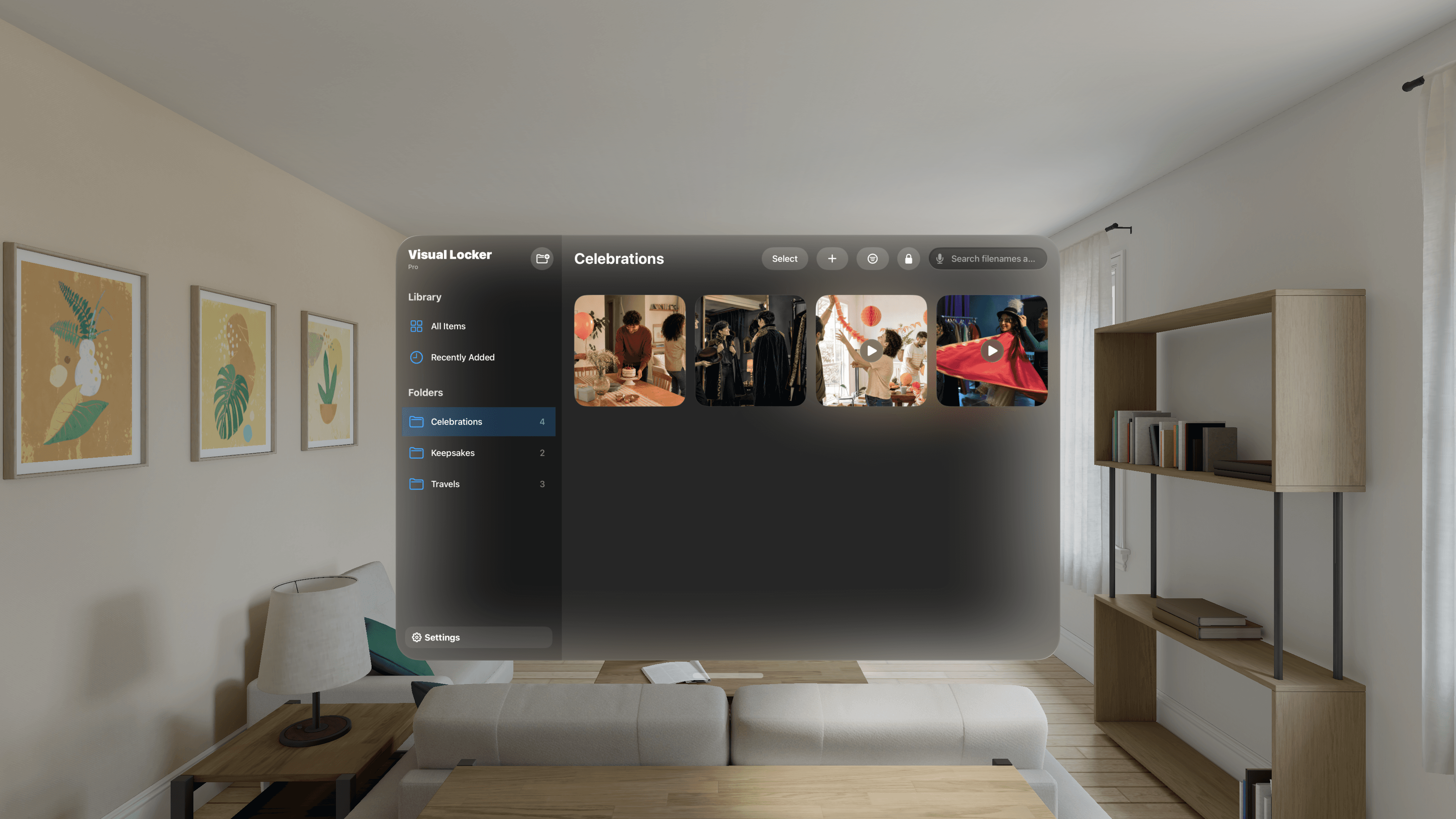 Visual Locker on Apple Vision Pro showing fictional media organised in a private Celebrations folder.